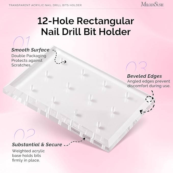 MelodySusie Nail Drill Bits Holder with 12 Holes, Visible Sturdy and Compatible with 3/32" Acrylic Drill Bit Organizer and Storage for Salon & Home, Rectangular（not include bits）