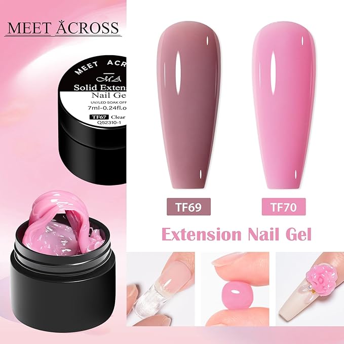 MEET ACROSS All-in-One Extension Mini Kit 2×7ml Non-Sticky Builder Gel Starter Kit WIth Base & Top Coat/Dual-Silicone Pen/Pro File/20-Pc Reusable Dual Forms Salon-Grade Extensions (Nude+Pink)