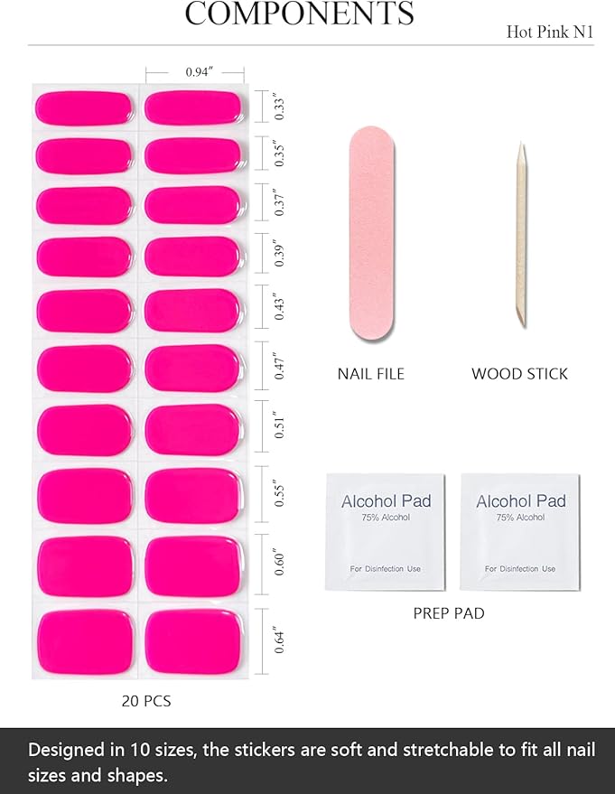Semi Cured Gel Nail Strips (Hot Pink N1), Solid, 20 Pcs Summer Gel Nail Wraps, Stickers, Salon Quality, Works with Any UV Lamps