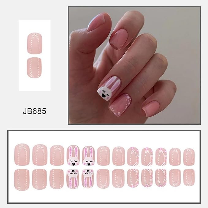 Easter Press on Nails Short Square Fake Nails Cute Bunny Pink Flower Garland Designs Glossy False Nails Easter Day Nail Art Decorations Full Cover Acrylic Nails for Women Nail Art Manicure 24 Pcs