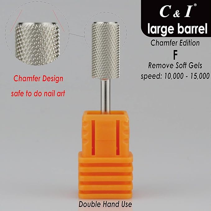 C & I Large Barrel Nail Drill Bit, Chamfer Edition, Professional E-File for Nail File Machine, Designed to Remove Nail Gels, Acrylics, and other nail color covers 3/32” (Fine - F)