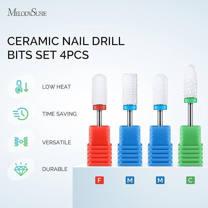 MelodySusie Ceramic Nail Drill Bits Set, 3/32'' (2.35mm) Professional Acrylic Nail File Drill Bit for Manicure Pedicure Cuticle Gel Nail Polishing 4 Pcs