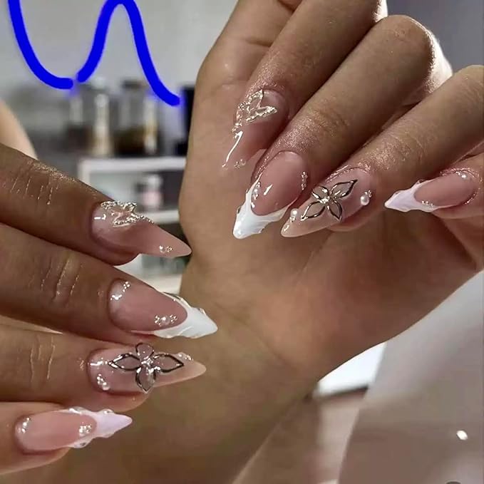 Press on Nails Almond - French Tip Fake Nails with Silver Butterfly Design - Spring, Medium False Nails Press ons - for Women 24Pcs