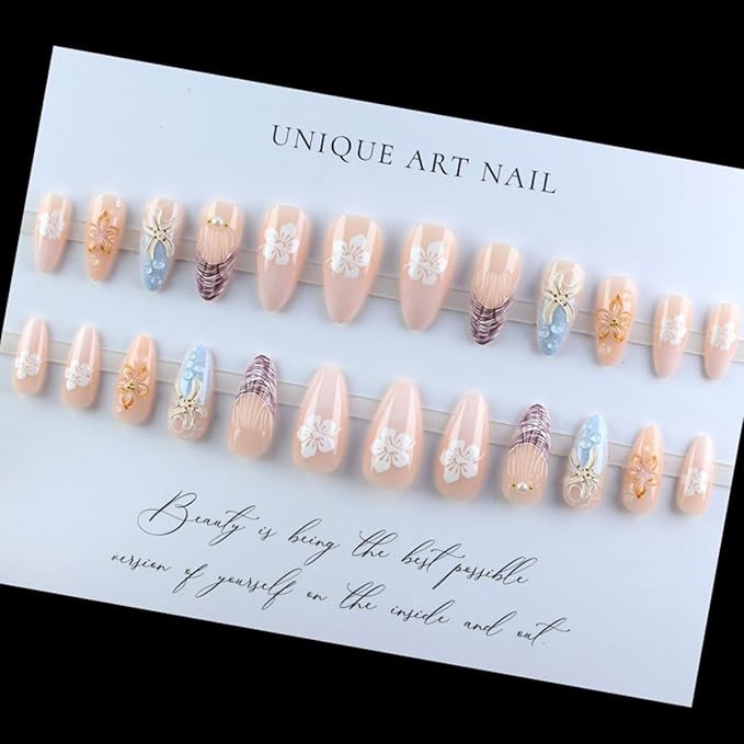 Summer Beach Press on Nails Medium Fake Nails Almond Nails Press ons with Flower Starfish Charms Design,Reusable & Easy Apply Full Cover Stick on Nails for Women Vacation Manicure 24Pcs
