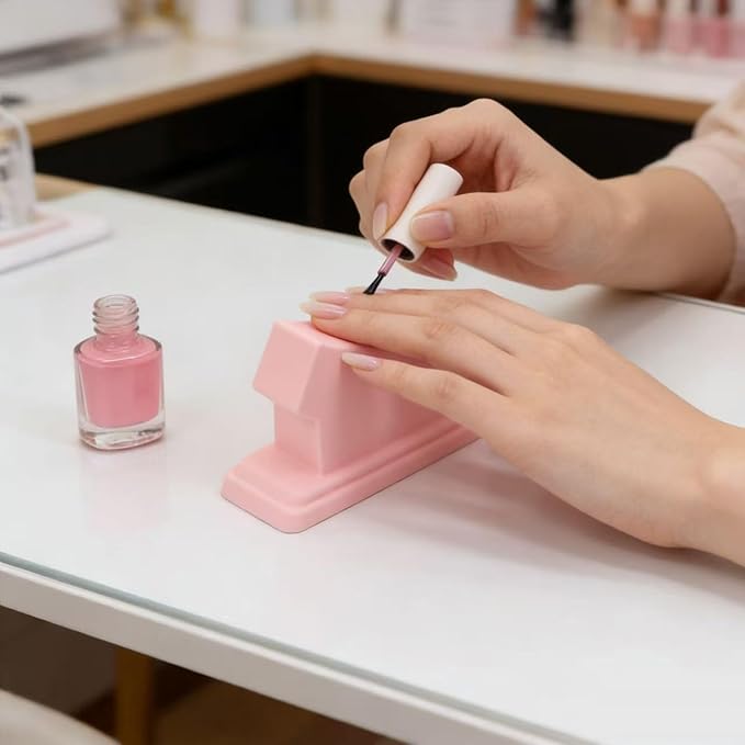 Nail Polish Bottle Holder with Silicone Hand Rest, Tilted and Anti-Spill Nail Polish Holder Stand, Strong Suction cup, 360°Rotation Rose-like Nail Stand, Nail Art Tools (Pink Stand and Hand Rest)