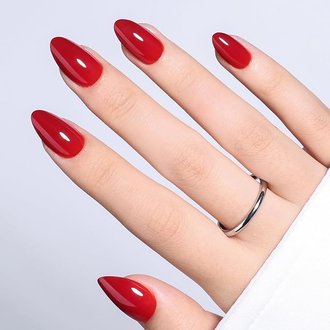 Red Press On Nails Almond - Red Milk Short Fake Nails, Almond Press On Nails Reusable Stick On Nails in 16 Sizes, 32pcs False Nail Kit for Women & Girls