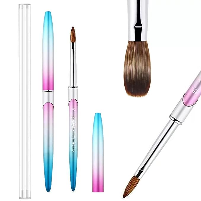 100% Pure Kolinsky Acrylic Nail Brush Size 10, Hair Acrylic Crystal Ombre Blue Silver Pink with Silver Ferrule Round Shaped for Women Girls Manicure Nail Tools Accessories