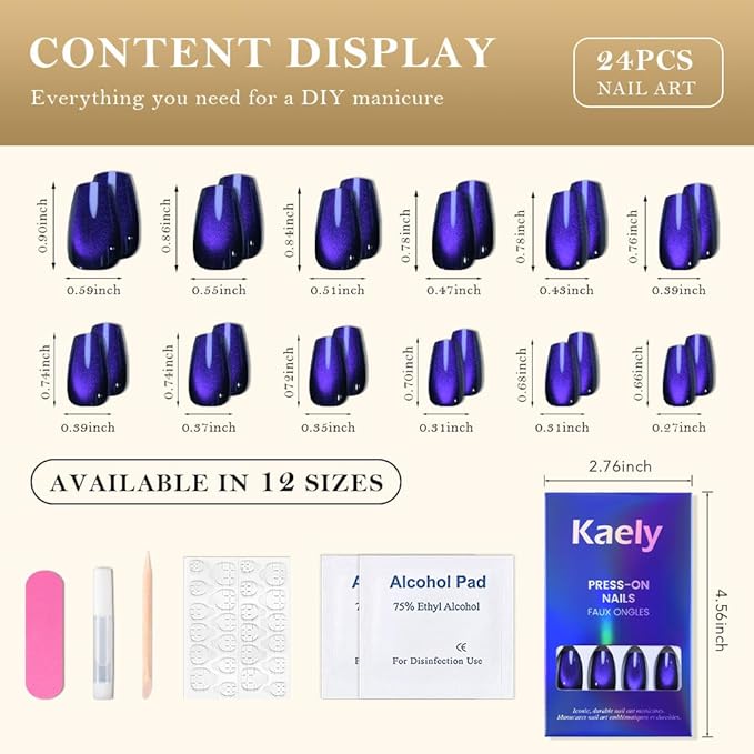evpct Royal Blue Cat Eye Coffin Press on Nails Square Medium, Medium Square Stick on Nail for Women Gift, Royal Blue Metallic Glitter Glossy Reusable Soft Gel Press on Acrylic Fake Nails with Designs