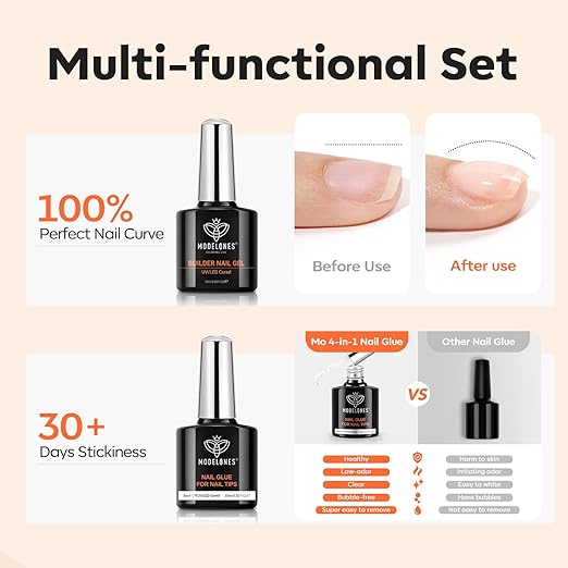 modelones 9 in One Nail Builder Glue Gel for Nails Set for Nails Thickening, Adhesive Bond for Nail Tips, Long Lasting Curing Needed