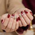 Press on Nails Short Square Fake Nails with Gold Glitter Pearl Rhinestones Designs Glue on Nails Red Full Cover False Nail Reusable Stick on Nail for Women 24Pcs