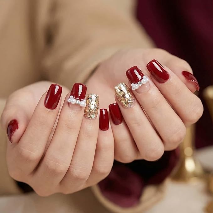 Press on Nails Short Square Fake Nails with Gold Glitter Pearl Rhinestones Designs Glue on Nails Red Full Cover False Nail Reusable Stick on Nail for Women 24Pcs