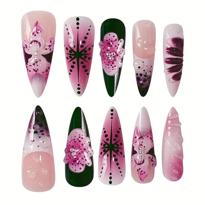 Long Press on Nails Almond Fake Nails Purple French Artificial Nail with 3D Flowers Designs Glitter Summer and Fall Cute Stick on Nail for Women 24pcs