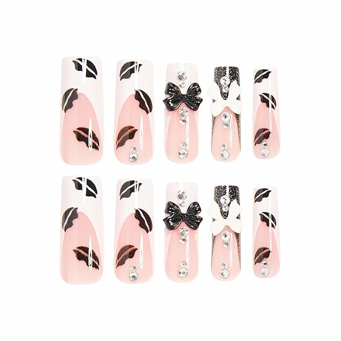 MISUD Press on Nails - Long Square Fake Nails with Black White French Tip, Acrylic Lip Rhinestone Design 24 pcs
