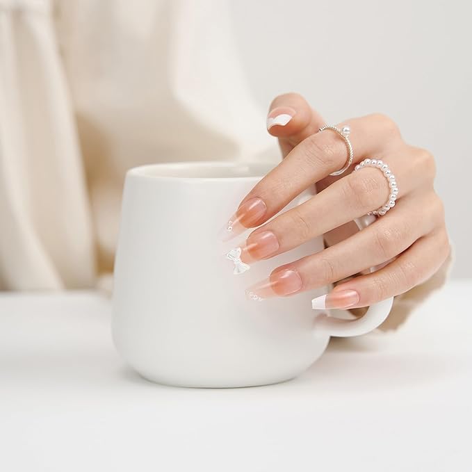 Press On French Tip Nails Handmade - Medium Ballerina Sheer Pink 3D Bow Pearls, Lightweight Durable False Nails For Women, Perfect For Gifting Or Salon Use, 24 Nails in 12 Sizes