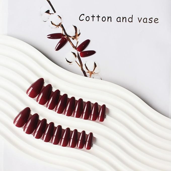 Burgundy Red Press on Nails Almond Shaped Medium Almond Nails Press on Neutral Acrylic Fake Nail for Women Reusable Glue on Nails Medium Length Stiletto False Nail