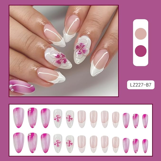 White French Tips Press on Nails - Almond Medium Stick on Nails - Purple Flower Charm Design Ombre Purple White False Nail Glossy Floral Glue on Nail for Women Manicure 24Pcs