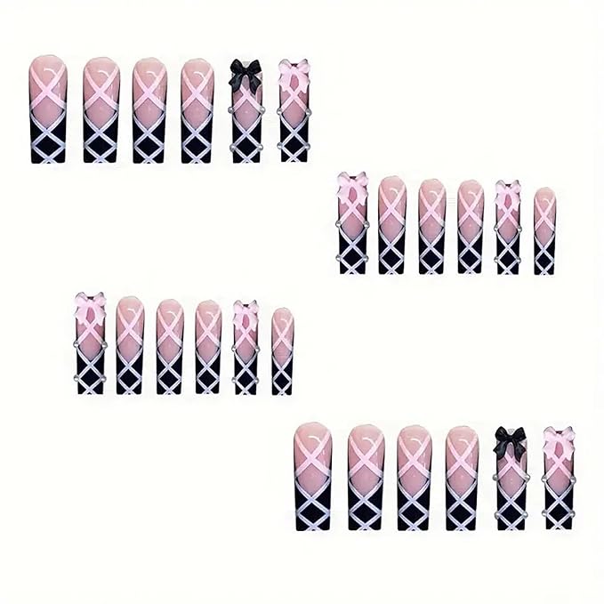 Press on Nails Coffin Long Length Acrylic Glossy Full Cover Square Shaped French False Nails with Designs Artificial Extra Long Fake Nails with Charms Glue ons Fingernails for Women(XXS285)