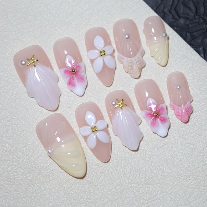 10Pcs Handmade Press-On Nails, Medium Almond Unique French Design with 3D Floral, Pearl, Starfish & Seashell. Reusable, Top-Tier Craftsmanship. For Women & Girls, Daily & Party Glamour (A014, Size M)