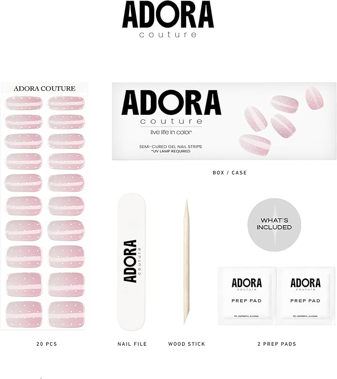 Semi-Cured Gel Nail Strips - 20 Salon-Quality Gel Sticker with UV Light Required, Long Lasting, Easy Application & Removal, Includes Prep Pad, Nail File, Wooden Stick – Powdered Sugar