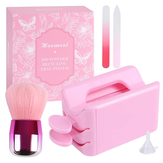 Dip Powder Recycling Tray System, Portable Nail Dip Powder Tray Kit with Nail Dust Brush, Glass Nail File, French Nail Art Manicure Essential Tool, Makeup Tool Glitter Saver