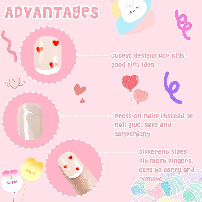 Laza 72pcs Children Nails Press On Pre-glue Full Cover Red Pink Heart Flower Short False Nail Kits for Kids Teenager Girls - French Love