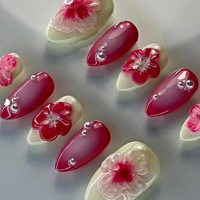 Handmade 3D French Art Press On Nails for Women - Reusable Almond False Nails, 10PCS ABS Artificial Fingernails with Nail Tip Design for Salon & Home Use (Size L)