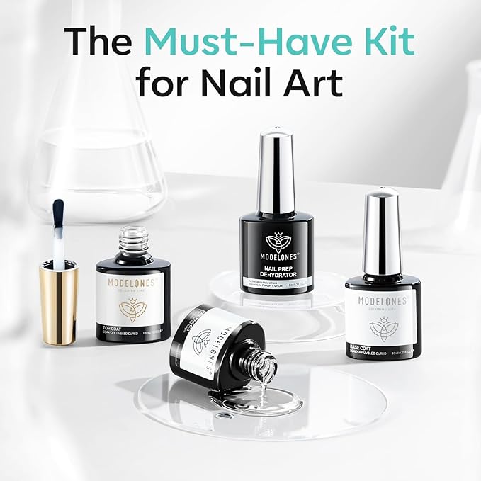 modelones Nail Dehydrator and Primer with Gel Base & Top Coat Set, Acid Free Acrylic Supplies Primer Glossy Gel Nail Polish Nail Thickening Solution Top Coat