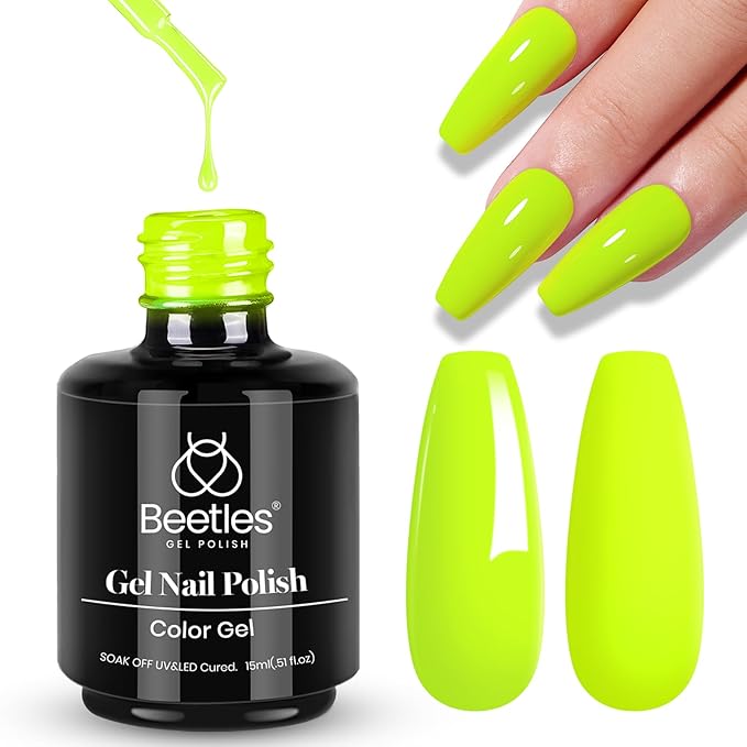 Beetles Neon Yellow Gel Nail Polish, Bright Yellow Lala Lime Color Neon Gel Polish, Spring Nails Soak Off Uv LED Nail Lamp Gifts for Women -Size: 15 ml/Each