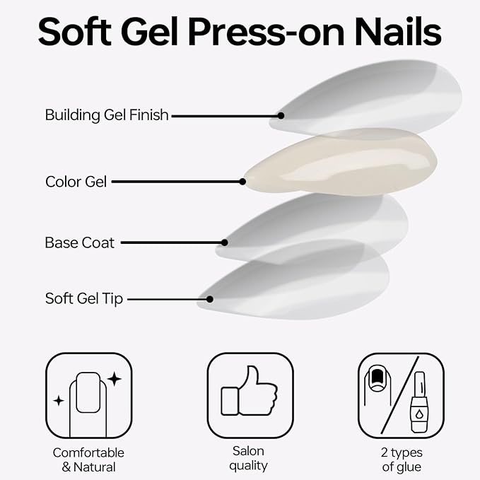 Milky Pink Gel Press On Nails Almond 16 Sizes 32pcs Short Fake Manicure Glossy for Daily Wear, Nail Glue Included (Ivory)
