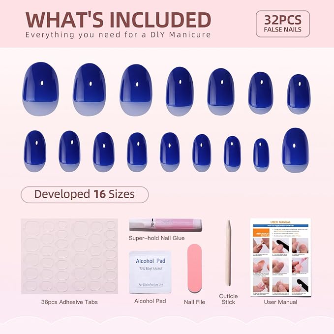 Short Almond Press on Nails Blue Glossy Fake Nails with Chrome Designs Glue on Nails Thickened Salon Quality False Nails Full Cover Stick on Nails Acrylic Nails for Women Nails Manicure Decor 32 Pcs