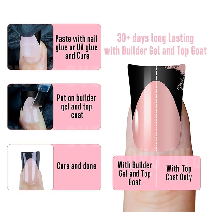 NOVO OVO Halloween Black French Tip Short Duck Nail Tips Press on, BABY PINK Pre-designed Soft Gel Nail Extension, Extra thick Full Cover Matte Vrial False Nails for Salon DIY x 12 Sizes 240 pcs