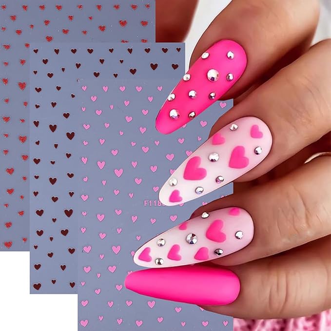 6 Sheets Valentines Nail Stickers for Nail Art 3D Self-Adhesive Red Pink Mini Heart Nail Art Stickers Romantic Love Hearts Nails Designs Supplies for Women Valentine Holiday Nails Decorations