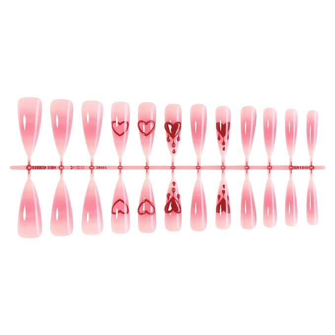 Valentines Press on Nails Long Fake Nails Almond Artificial Nail Pink Heart Love Designs Seeneey Cute Stick on Nail for Women 24pcs