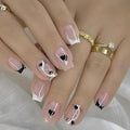 Short Press on Nails Square - French Tip Fake Nails with Black Heart Design - Glossy Full Cover Stick on Nails - for Women 24 Pcs