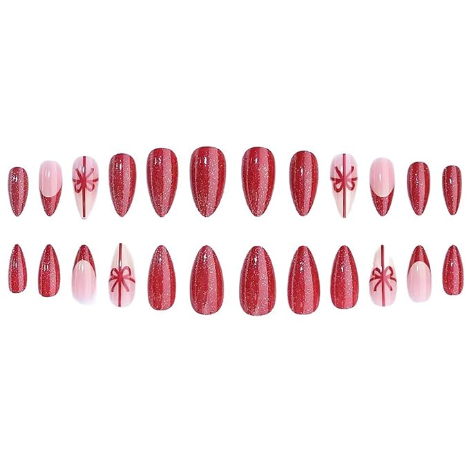 Christmas Press on Nails Medium Almond MABKJLF Fake Nails French Tip False Nails with Bow Glitter Designs Red Glossy Glue on Nail Full Cover Acrylic Nails for Women Girls 24Pcs