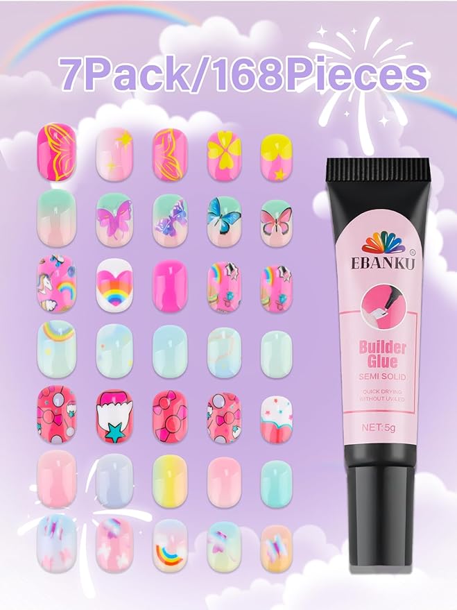 168Pcs Press On Nails Kids, EBANKU Butterfly False Nails for Girl, Almond Glue On Nails with Nail Glue, Fit Perfectly & Natural Stick On Nails in 12 Sizes