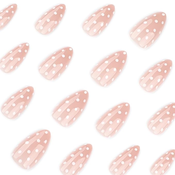 Press on Nails Medium Almond MABKJLF Fake Nails False Nails with White Polka Dots Designs Glossy Glue on Nail Reusable Full Cover Acrylic Nails for Women Girls 24Pcs