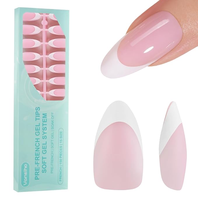 Vansiho French Gel Nail Tips, 150Pcs Medium Almond Gel Nail Tips, Pink Soft French Tips Press on Nails, Fake Nails for Nail Art DIY 15 Sizes