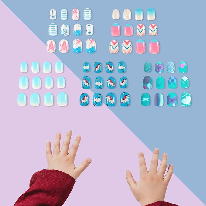 SIUSIO 120 Pcs 5 Pack Children Acrylic Fake Nails Press on Cute Pre-glue Full Cover Glitter Gradient Color Rainbow Short Kids Stick On False Nail Art Kits Set for Kids Little Girls - Azure Ocean Party