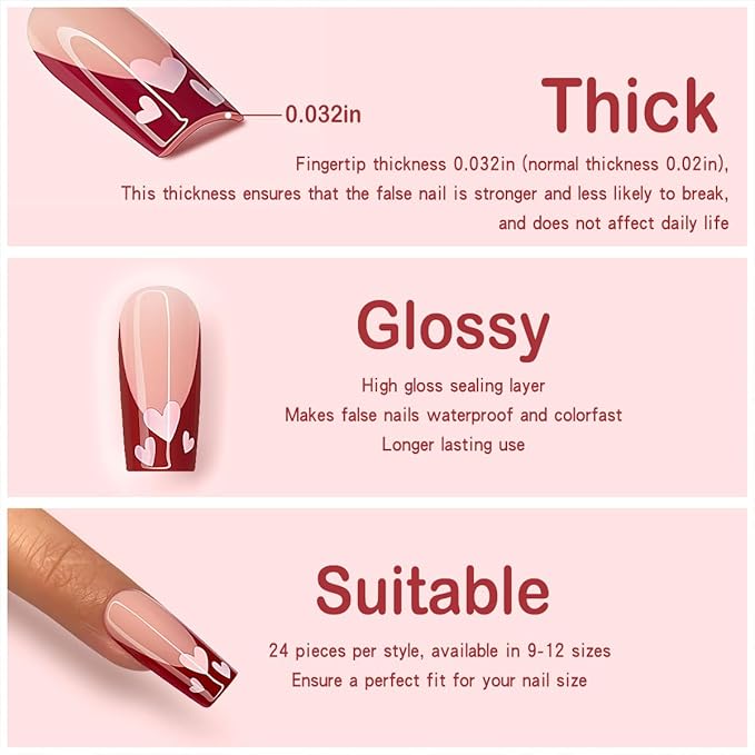 Yivaiks Red French Tip Press on Nails Medium Coffin Valentines Day Fake Nails With Designs Heart Acrylic Nails Press ons Full Cover Artificial Stick on Nails for Women Girls 24pcs