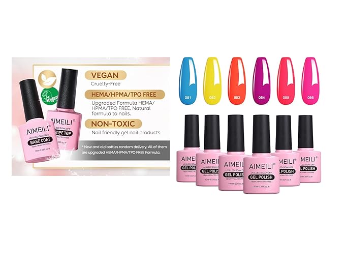 AIMEILI Hot Pink Neon Gel Nail Polish, and No Wipe Top and Base Coat Set