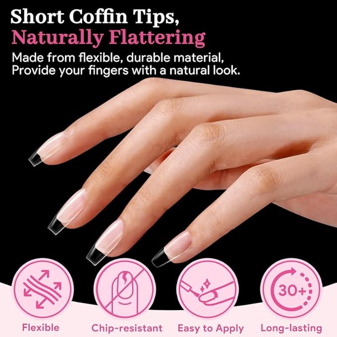 Medium Coffin Fake Nail Tips, 15 Sizes 240 PCS Clear Half Matte Press On False Nail Tips Pre-shaped Half Soft Cover Gel Nail Tips Extensions Thick Long Lasting for DIY Beginners & Salon Manicure