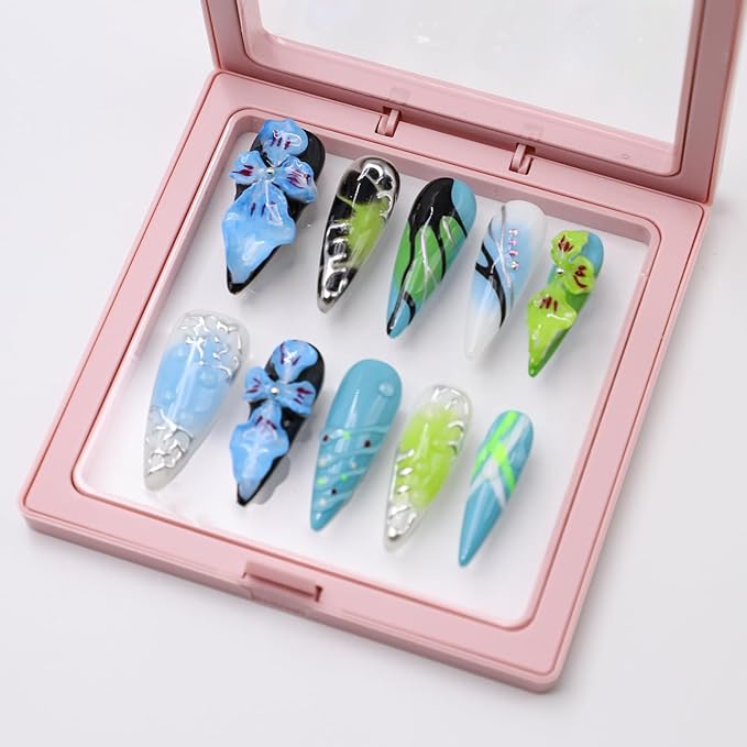 Thick Press on Nails Handmade Nails Long Almond Fake Nails with Glue,Blue Tropical Flower Art False Nails with Water Droplet Pattern Designs Reusable Nature Stick on Nail for Wome (Size M)