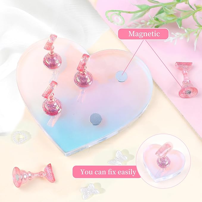 Nail Stand for Press ons,2 Set Heart Nail Holder for Painting Nails Aurora Nails Display Practice Art Magnetic Nail Display Stand with 200 Pcs Adhesive Tabs Nail Art for Display Home Salon
