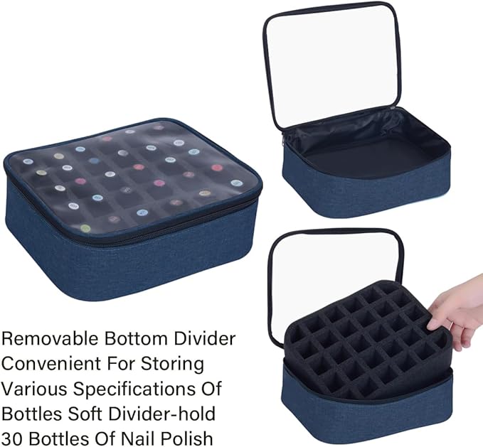 Small Clear Nail Polish Organizer Holds 30 bottles(15ml-0.5fl.oz) Nail Polish Case Multifunctional Nail Polish Bag organizer, Cosmetic Travel Makeup Cases for Women Blue