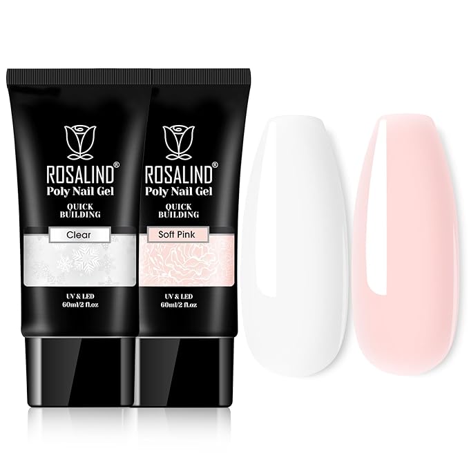 ROSALIND Soft Pink&Opal Extension Gel, 2 PCS 2oz Opal Poly Nail Gel kit Pink Nail for Nail Art Decoration, Builder Pink Gel Nail Thickening Poly Nail Gel Tube Easy to DIY Use Need UV Lamp