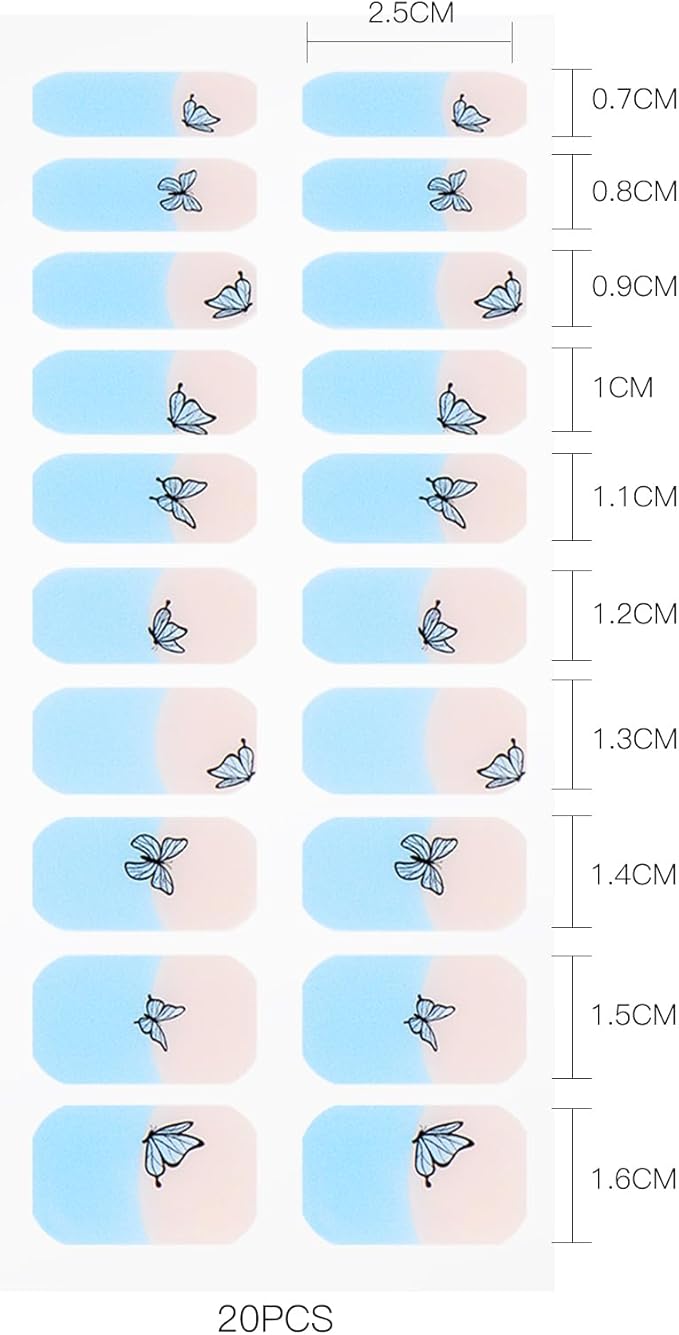 JMEOWIO Gel Nail Stickers Blue Butterfly French Tip Semi Cured Gel Nail Strips Wraps UV/LED Supplies Nails Art Design Decoration Accessories