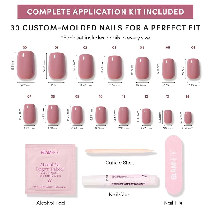 Glamnetic Press On Nails - Mauve On | Short Squoval Muted Purple Fake Nails, Salon Quality Nails | 15 Sizes - 30 Nail Kit with Glue