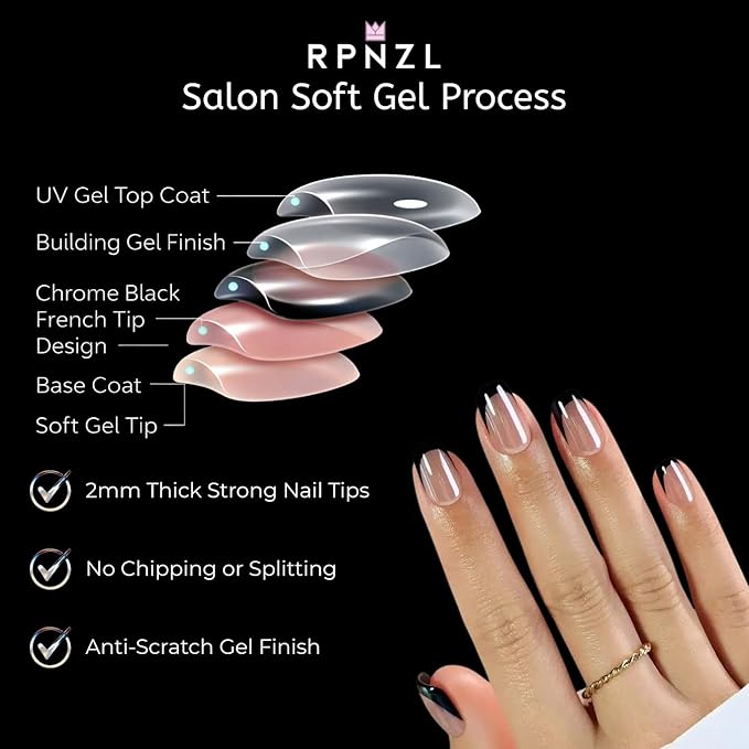 Press On Nails - Midnight | Chrome Black French Tip, UV Finish Short Squoval Nails, Reusable, Salon Quality | 32 Nails, 16 Sizes Kit with Glue and Adhesive Tabs
