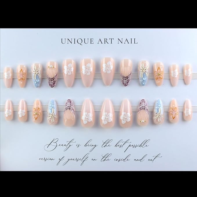 Summer Beach Press on Nails Medium Fake Nails Almond Nails Press ons with Flower Starfish Charms Design,Reusable & Easy Apply Full Cover Stick on Nails for Women Vacation Manicure 24Pcs